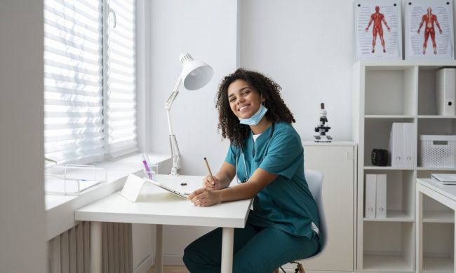 prof-insurance-fp Smiling woman wearing scrubs in white office