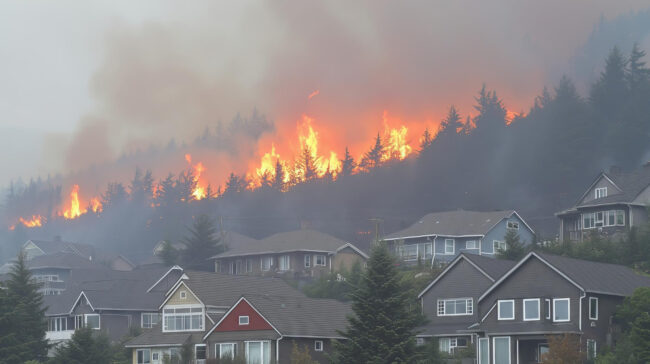 wildfire-burning-near-residential-houses-threatening-neighborhoods California wildfire insurance protection illustration
