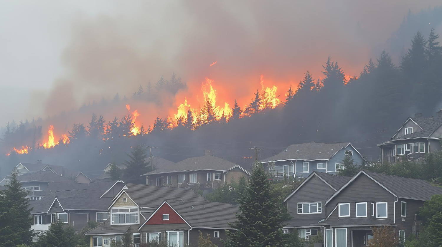 wildfire-burning-near-residential-houses-threatening-neighborhoods California wildfire insurance protection illustration