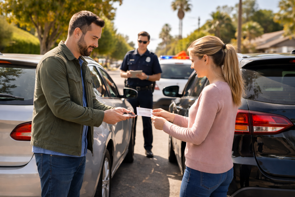 Drivers exchanging information after a car accident in California