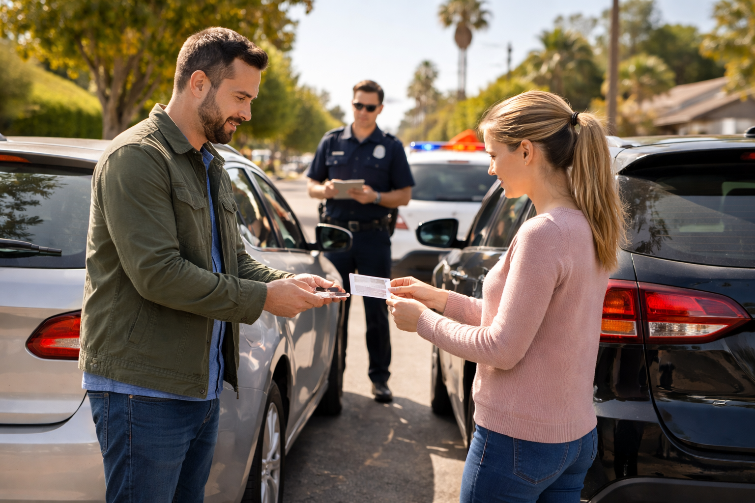 Drivers exchanging information after a car accident in California