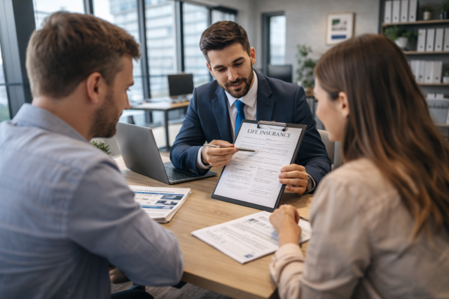 financial advisor discussing life insurance policy with clients