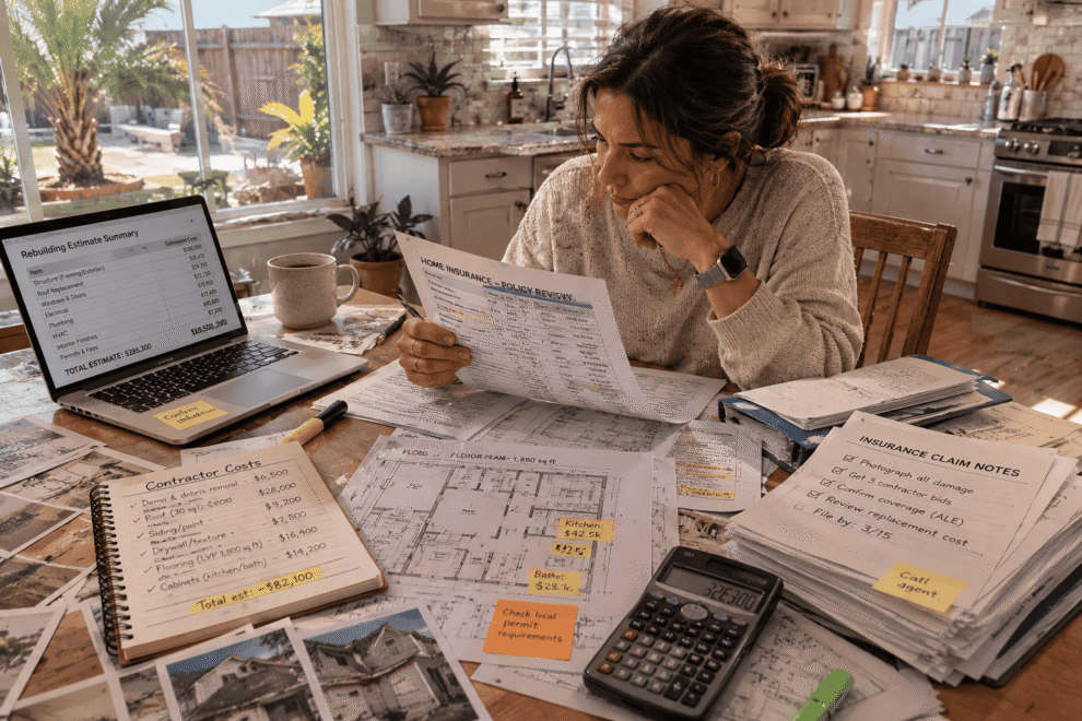 Homeowner reviewing rebuilding costs against home insurance coverage limits