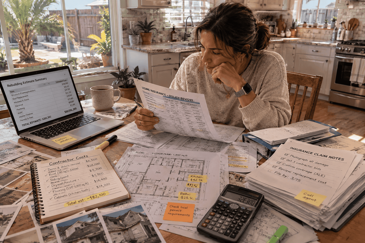 Homeowner reviewing rebuilding costs against home insurance coverage limits