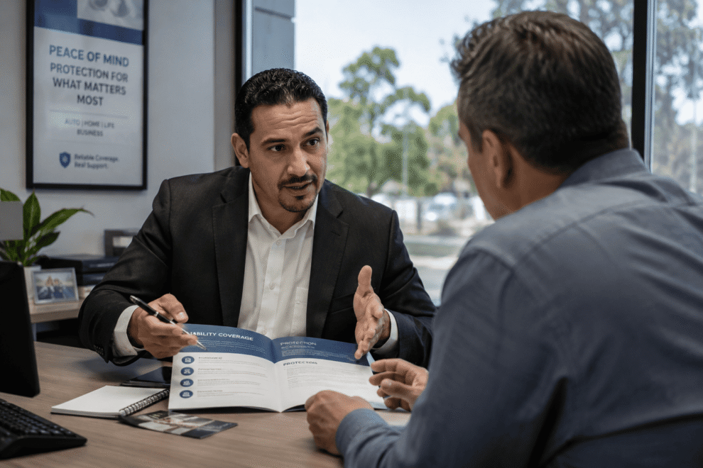 Insurance client reviewing liability insurance protection for unexpected situations
