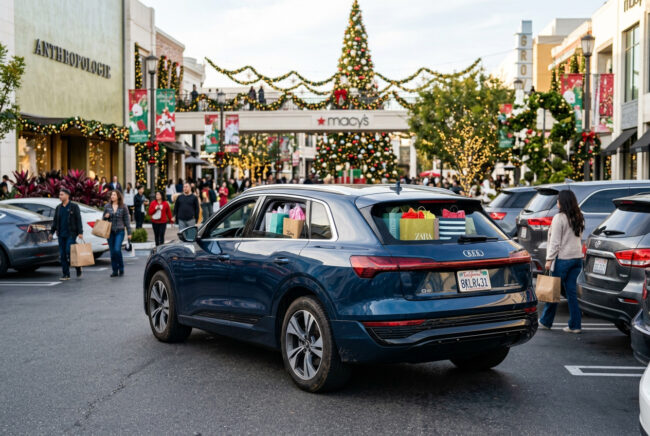 magnific__create-an-ultraphotorealistic-professional-photogr__84528 Does auto insurance cover theft? Car parked at a shopping center during the holiday season with shopping bags inside.