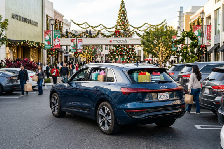 Does auto insurance cover theft? Car parked at a shopping center during the holiday season with shopping bags inside.