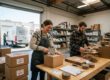 Realistic professional photograph of a small business owner and employee preparing holiday packages for delivery inside a modern California retail warehouse, cardboard shipping boxes, festive gift packages, delivery van visible through an open warehouse door, organized workspace, natural daylight, authentic commercial business environment, professional corporate photography, horizontal composition.