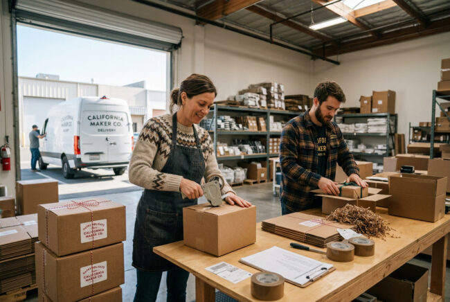 Realistic professional photograph of a small business owner and employee preparing holiday packages for delivery inside a modern California retail warehouse, cardboard shipping boxes, festive gift packages, delivery van visible through an open warehouse door, organized workspace, natural daylight, authentic commercial business environment, professional corporate photography, horizontal composition.