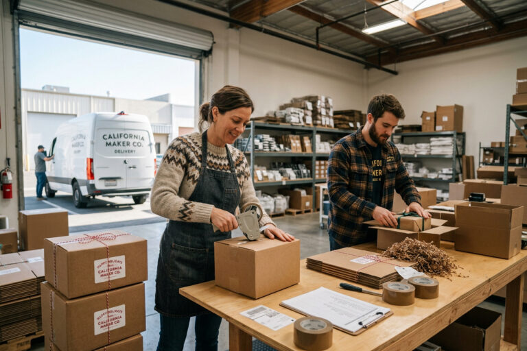 Realistic professional photograph of a small business owner and employee preparing holiday packages for delivery inside a modern California retail warehouse, cardboard shipping boxes, festive gift packages, delivery van visible through an open warehouse door, organized workspace, natural daylight, authentic commercial business environment, professional corporate photography, horizontal composition.