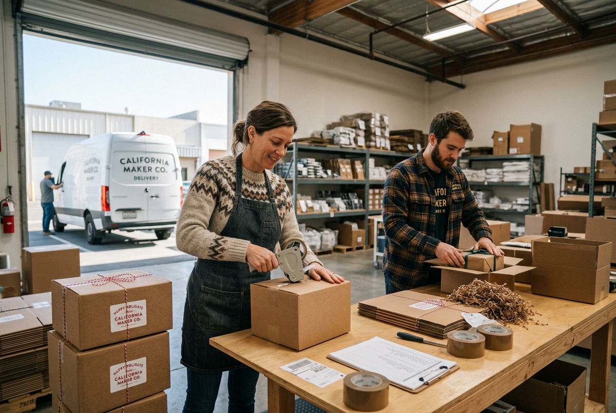 Realistic professional photograph of a small business owner and employee preparing holiday packages for delivery inside a modern California retail warehouse, cardboard shipping boxes, festive gift packages, delivery van visible through an open warehouse door, organized workspace, natural daylight, authentic commercial business environment, professional corporate photography, horizontal composition.